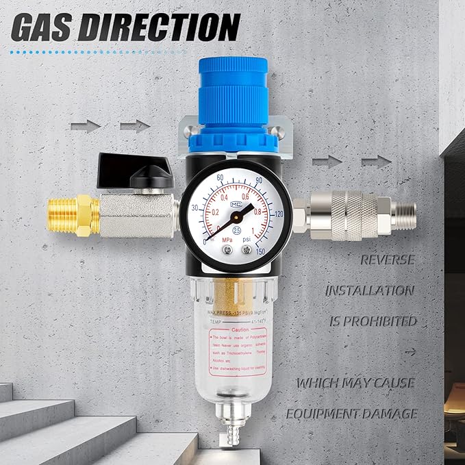 MEANLIN Air Compressor Moisture Filter, AFR2000 Air Line Filter, 1/4" NPT Inlet with 150 PSI Gauge and Valve Shut Off Switch for Air Tools and and Spray Paint Gun
