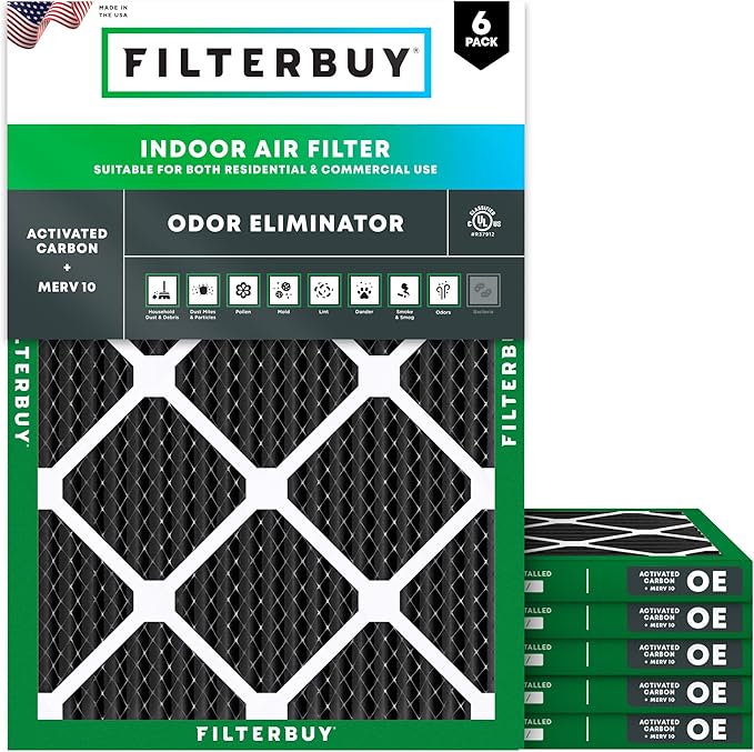 Filterbuy 18x24x1 Air Filter MERV 10 Odor & Allergy Defense with Activated Carbon (6-Pack), Electrostatic Pleated HVAC AC Furnace Filters Replacement, Made in USA (Actual Size: 17.38 x 23.38 x 0.75)