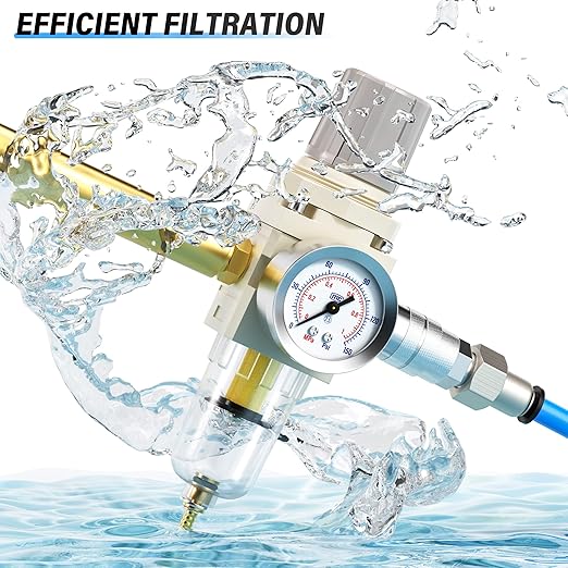 TAILONZ PNEUMATIC 1/4 Inch NPT Air Filter Pressure Regulator Combo Piggyback, Air Tool Compressor Filter with Gauge AW2000-02