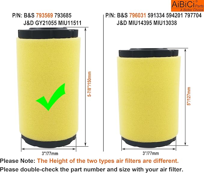 793569 Air filter for Briggs & Stratton 793685 John Deere GY21055 MIU11511 MIU11513 fit LA125 D110 D120 E110 Craftsman YT3000 Husqvarna YTH24V48 Mower Tractor, with Pre Filter Foam & Fuel Filter Kit