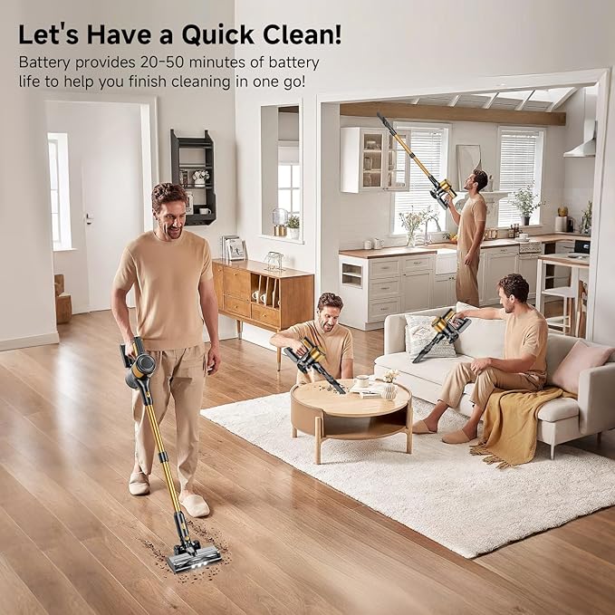 Cordless Vacuum Cleaner, 8 in 1 40Kpa 55Mins,Lightweight Vacuum Cleaners for Home, Stick Vacuum with Anti-Tangle Brush,Wall Mount, Rechargeable Cordless Vacuum for Floor/Sofa/Pet Hair,Gold