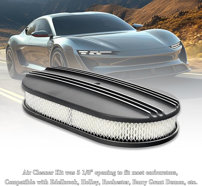 15" Black Aluminum Air Cleaner Assembly Kit Alloy Oval Partial Half Finned with Element