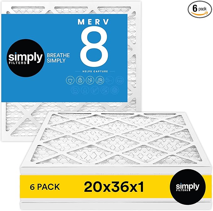 Simply 20x36x1 Air Filter, Merv 8, 6 Pack, For Home AC Furnace & HVAC (Actual Size: 19.75"x35.75"x0.75") DUST, Pet, & Allergy Control