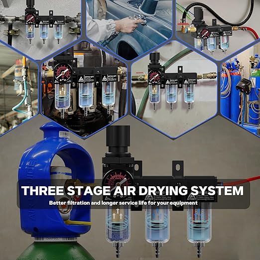 3 Stage Air Dryer 1/4" NPT,Air Dryer System Air Compressor Filter Dryer,5 &0.5 &0.01 Micron Filter Cartridge,Semi-Auto Drain, Metal Bracket-Blue