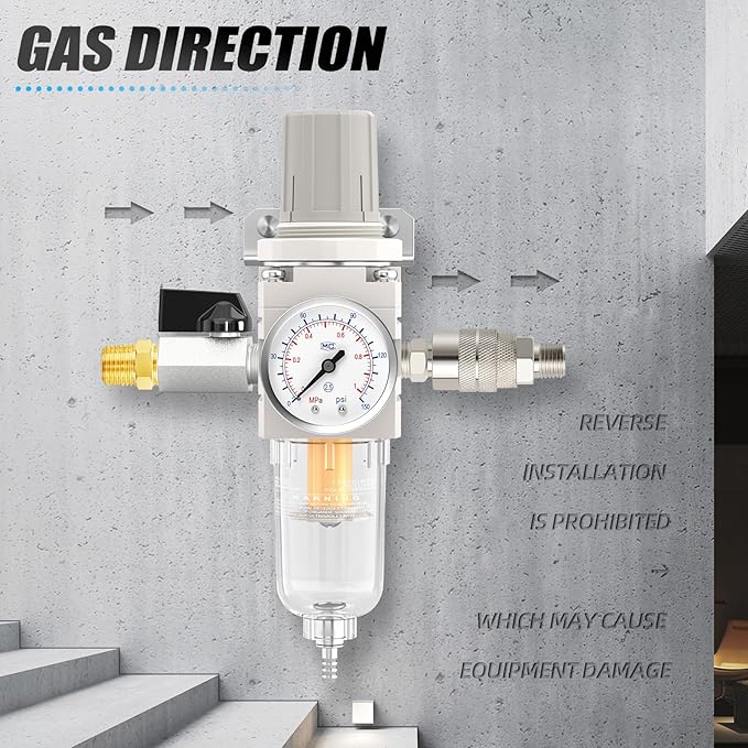 1/4" NPT Air Drying System, 5 Micron Air Line Filter with 150 PSI Gauge and Valve Shut Off Switch for Plasma Cutter and Paint Spray, Manual Drain