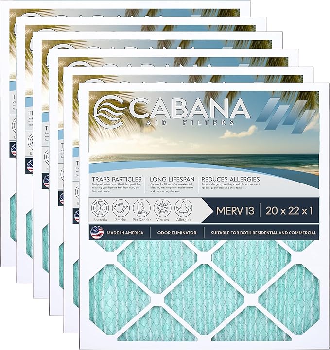 Cabana Filters 6-Pack 20x22x1 MERV 13 AC Furnace Air Filter for Home and Office - Indoor HVAC System Filtration Replacement, Captures Unwanted Particles