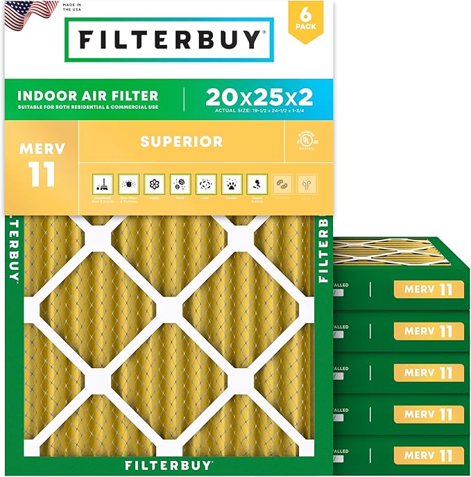 Filterbuy 20x25x2 Air Filter MERV 11 Superior Pet & Allergy Defense (6-Pack), Electrostatic Pleated HVAC AC Furnace Filters Replacement, Made in USA (Actual Size: 19.50 x 24.50 x 1.75)