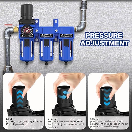 Three Stage Air Drying System, 3/8" NPT Air Compressor Filter Dryer, Air Dryer for Compressor,Semi-Auto Drain,5 &0.5 &0.01 Micron Filter Cartridgewith Ball Valve Metal Bracket