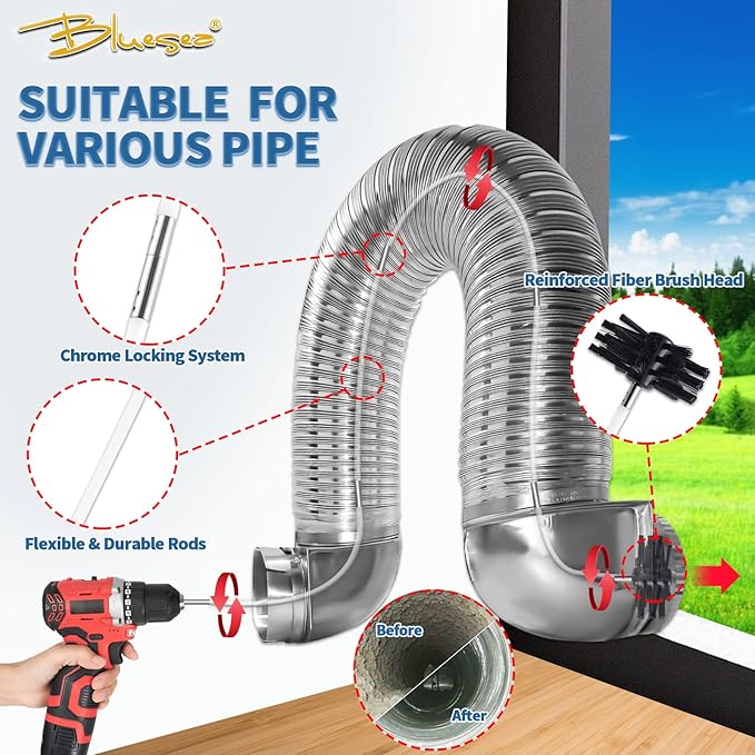 Bluesea 7 Pieces 12 Feet Dryer Vent Cleaner Kit, Reinforced Nylon Dryer Vent Cleaning Kit, Durable Dryer Vent Brush Vacuum Attachment with Flexible Lint Trap Brush, Vacuum & Dryer Adapters