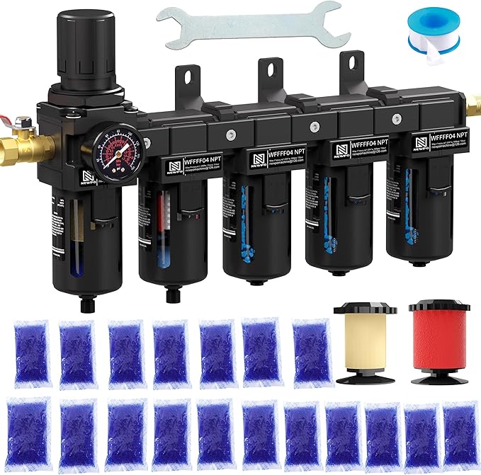 NEWPO 1/2" NPT 5 Stage Air Dryer for Compressor,Air Compressor Water Separator System with 5＆0.01 Micron Filter Cartridge & Triple Desiccant Dryer,Metal Bowl Semi-Auto Drain (Black)