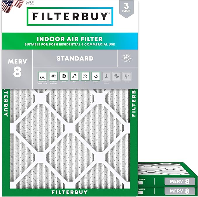 Filterbuy 17.5x24.5x1 Air Filter MERV 8 Essential Dust & Allergy Defense (3-Pack), Electrostatic Pleated HVAC AC Furnace Filters Replacement, Made in USA (Actual Size: 17.50 x 24.50 x 0.75)