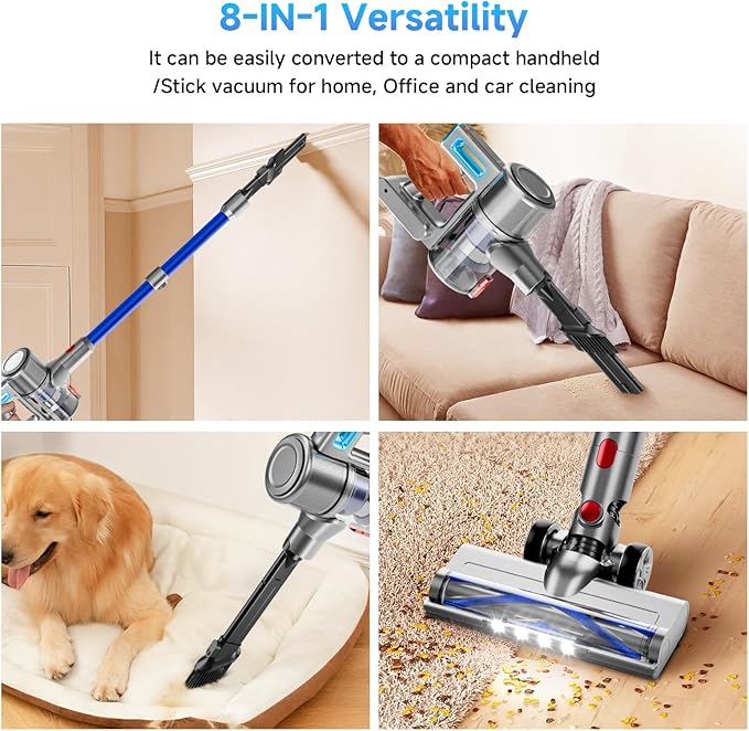 Cordless Vacuum Cleaner, 8 in 1 40Kpa 55Mins,Lightweight Vacuum Cleaners for Home, Stick Vacuum with Anti-Tangle Brush,Wall Mount, Rechargeable Cordless Vacuum for Floor/Sofa/Pet Hair, Blue
