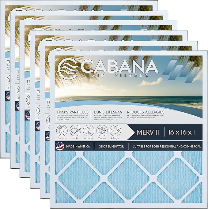 Cabana Filters 6-Pack 16x16x1 MERV 11 AC Furnace Air Filter for Home and Office - Indoor HVAC System Filtration Replacement, Captures Unwanted Particles