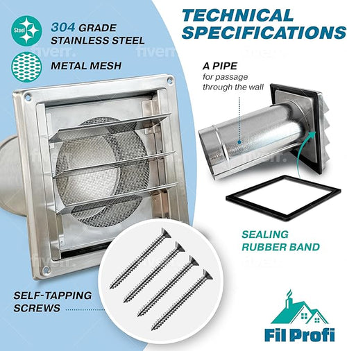 (5 Inch) Wall Vent Cover with Metal Mesh Screen,Exterior Hood Vent for House,Extended air Pipe.
