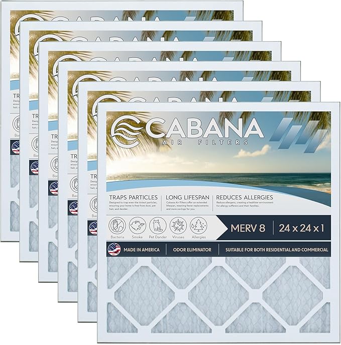 Cabana Filters 6-Pack 24x24x1 MERV 8 AC Furnace Air Filter for Home and Office - Indoor HVAC System Filtration Replacement, Captures Unwanted Particles