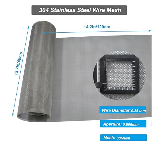 304 Stainless Steel Mesh Screen - 30Mesh, 15.7"x47.2" (40x120cm) Fine Woven Wire Filter Mesh for Vent Covers, Cage, Garden, Window Screens and DIY Projects