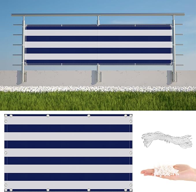 Privacy Screen Protector 2.5' x 49.2' Privacy Protection Weatherproof Privacy Screen Outdoor, Included Cable Ties for Decks, Patios, Backyards, Outdoor Pools, Porches, Railings, Blue Stripes