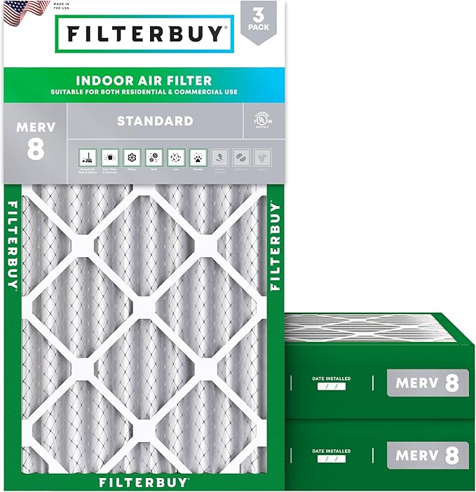 Filterbuy 16x30x4 Air Filter MERV 8 Essential Dust & Allergy Defense (3-Pack), Electrostatic Pleated HVAC AC Furnace Filters Replacement, Made in USA (Actual Size: 15.50 x 29.50 x 3.63)