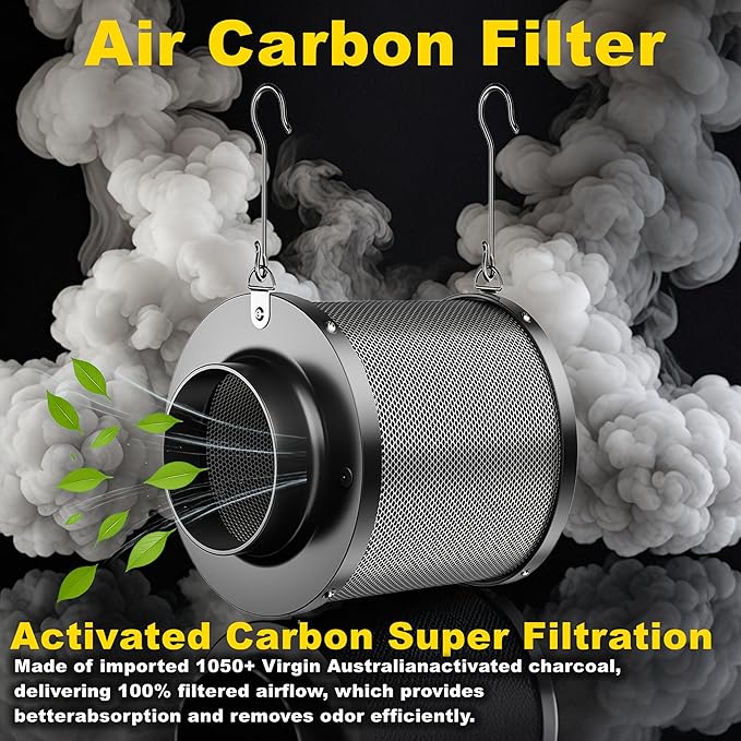 MELONFARM Air Filtration Kit, 6" 260 CFM Inline Duct Fan with Speed Controller, 8" High Carbon Filter, 8 Ft Ducting & Rubber Coupler, Air Cooling and Filtration Kit for Grow Tent, Hydroponics