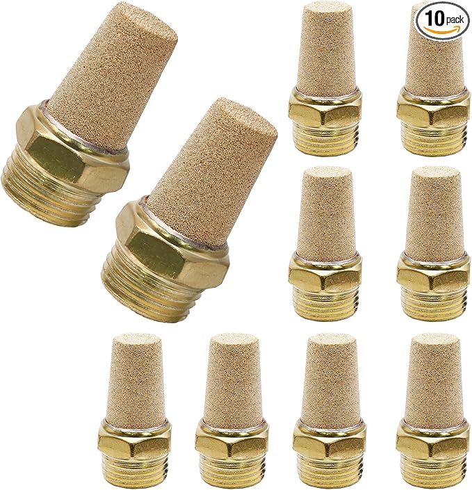 Zorfeter 10pcs Pneumatic Brass Exhaust Muffler Filter, 1/8" NPT Male Thread Hex Sintered Silencer Air Line Fitting