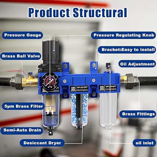 NEWPO 3/8" NPT Air Compressor Water Separator-Air Filter Regulator Lubricator Combo, Water/Oil Trap Separator,Brass Filter & Desiccant Dryers,Semi-Auto Drain,Metal Bracket-Blue