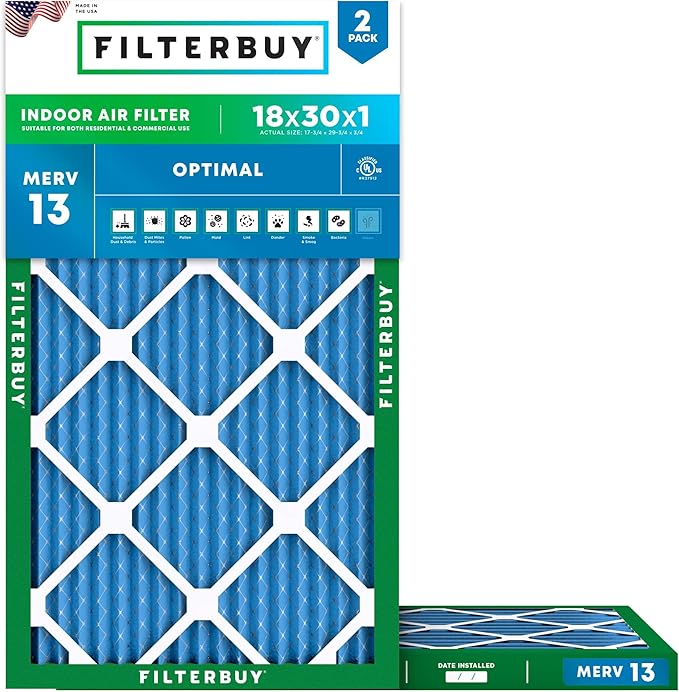 Filterbuy 18x30x1 Air Filter MERV 13 Optimal Smoke & Allergy Defense (2-Pack), Electrostatic Pleated HVAC AC Furnace Filters Replacement, Made in USA (Actual Size: 17.75 x 29.75 x 0.75)