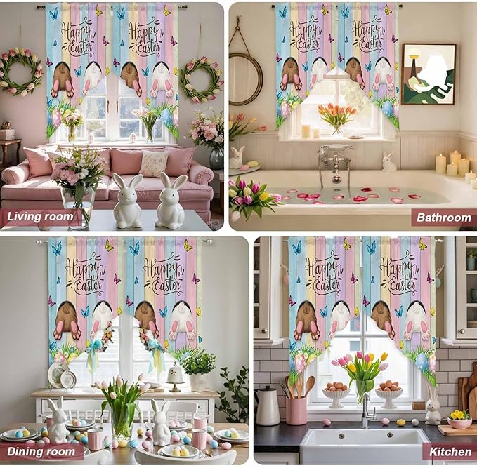 Swag Curtain Valances for Kitchen Windows,Happy Easter Rabbit Butt Egg on Daisy Leaf Short Rod Pocket Window Valance,Bufferfly on Wood Barn Swag Topper for Bedroom Living Room,2 Panels 36x36in