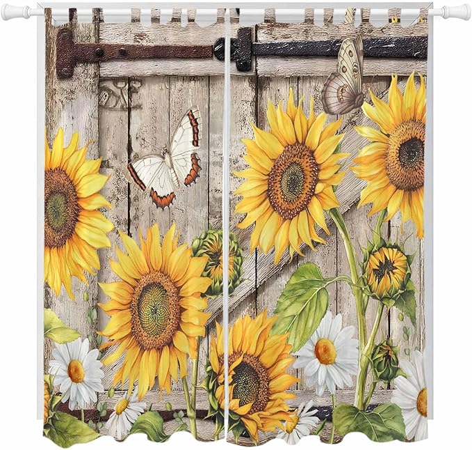 Farmhouse Sunflowers Living Room Curtains 84 Inch Length, Window Curtains Tab Top, Rustic Barn Doors Flowers Butterfly Wooden Light Filtering Window Treatments Drapes 52"x84" 2 Panel