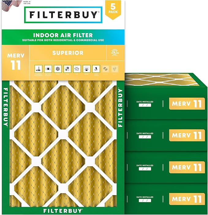 Filterbuy 20x30x4 Air Filter MERV 11 Superior Pet & Allergy Defense (5-Pack), Electrostatic Pleated HVAC AC Furnace Filters Replacement, Made in USA (Actual Size: 19.50 x 29.50 x 3.63)