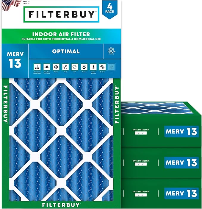 Filterbuy 14x25x4 Air Filter MERV 13 Optimal Smoke & Allergy Defense (4-Pack), Electrostatic Pleated HVAC AC Furnace Filters Replacement, Made in USA (Actual Size: 13.88 x 24.88 x 3.63)