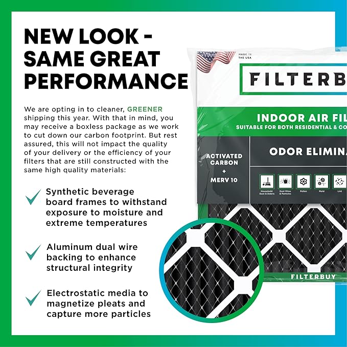 Filterbuy 18x30x1 Air Filter MERV 10 Odor & Allergy Defense with Activated Carbon (2-Pack), Electrostatic Pleated HVAC AC Furnace Filters Replacement, Made in USA (Actual Size: 17.75 x 29.75 x 0.75)