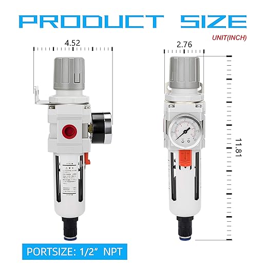 NANPU 1/2" NPT Compressed Air Filter Regulator Combo Piggyback, Auto Drain, 5 Micron Brass Element, Poly Bowl, Metal Bracket, 0-150 psi Gauge