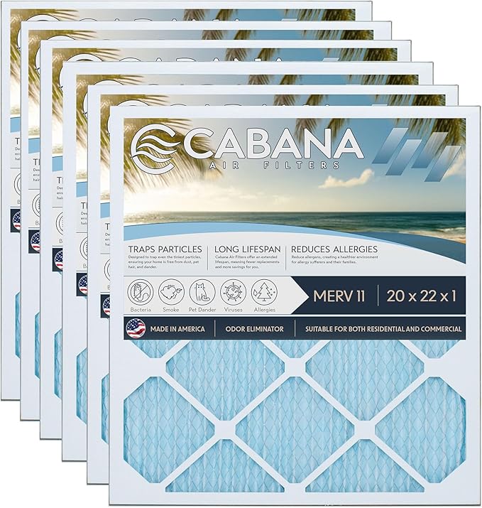 Cabana Filters 6-Pack 20x22x1 MERV 11 AC Furnace Air Filter for Home and Office - Indoor HVAC System Filtration Replacement, Captures Unwanted Particles