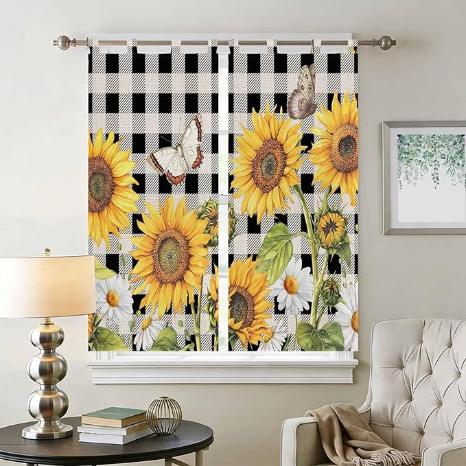 Sunflowers Living Room Curtains 84 Inch Length, Window Curtains Tab Top, Yellow Flowers Butterfly Farmhouse Black Plaid Light Filtering Window Treatments Drapes 42"x84" 2 Panel