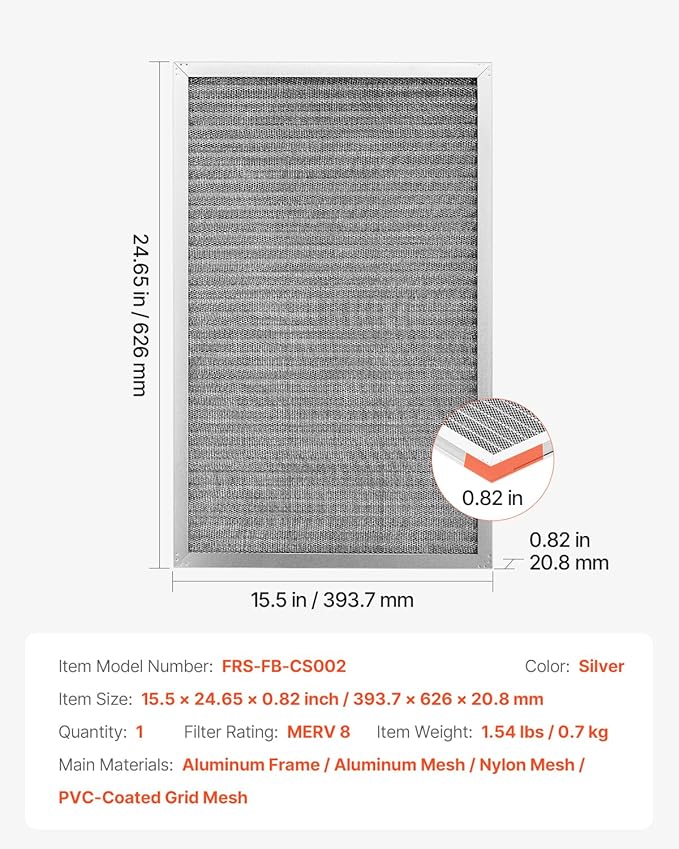 VEVOR Electrostatic Air Filter, 16x25x1 inch Washable & Reusable Aluminum AC/HVAC Furnace Filter, MERV 8 Long Lifetime, Healthier Home or Office (Actual Size: 15.5 x 24.65 x 0.82 in)