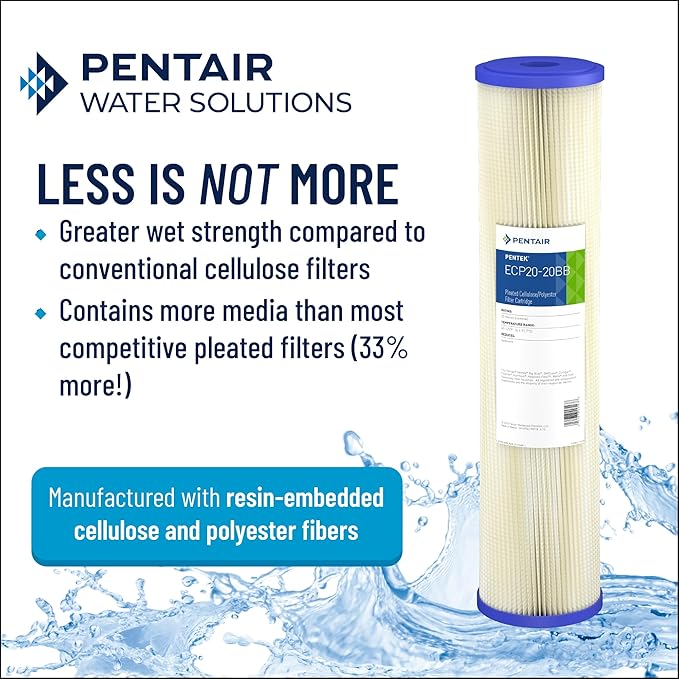 Pentair Pentek ECP20-20BB Big Blue Sediment Water Filter, 20-Inch, Whole House Heavy Duty Pleated Cellulose Polyester Replacement Cartridge, 20" x 4.5", Blue End-Cap, 20 Micron, Pack of 6