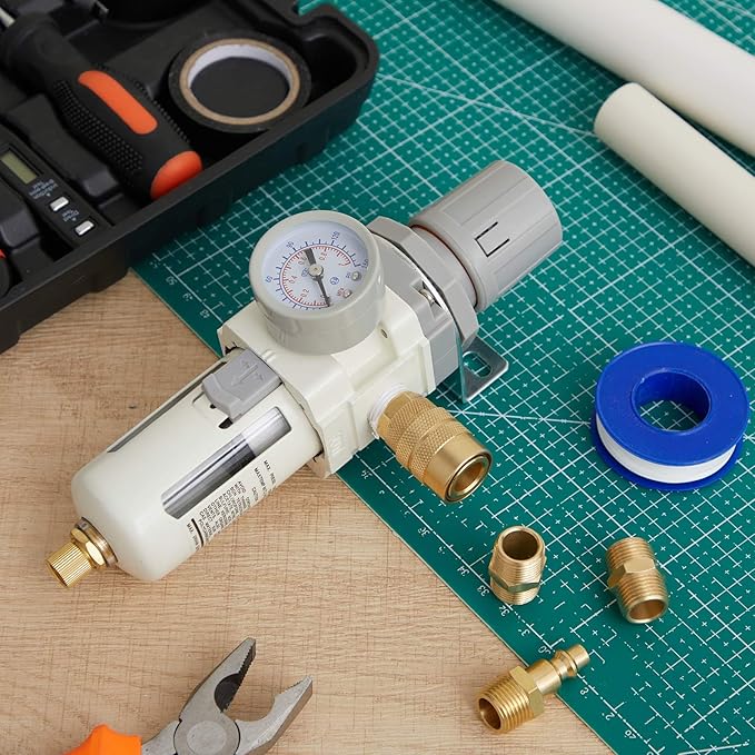 Tuanse Manual Drain 3/8" NPT Compressed Air Filter Regulator Piggyback Combo, Fiber Element, High Flow, 0-150 Psi Gauge, Poly Bowl, Metal Bracket, Install Kit Included