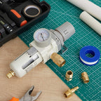 Tuanse Manual Drain 3/8" NPT Compressed Air Filter Regulator Piggyback Combo, Fiber Element, High Flow, 0-150 Psi Gauge, Poly Bowl, Metal Bracket, Install Kit Included