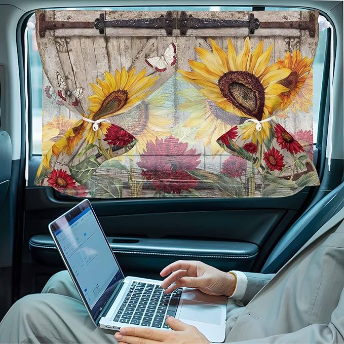 Sunflowers Magnetic Double Layer Car Window Shades,Side Window Curtains for Blackout/Breathable Mesh View,Retro Flower Barn Doors Butterfly Farmhouse Brown Heat Protection Sun Shades 26x20in 1pcs