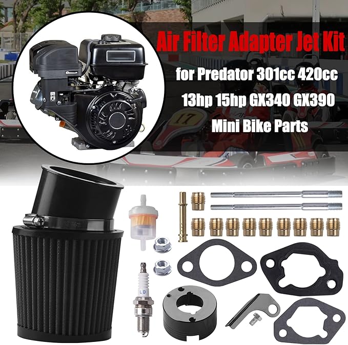 Air Filter Adapter Jet Kit for Predator 301cc 420cc 11hp 13hp 15hp GX340 GX390 389cc Stage 1 Mini Bike Parts Go Kart Golf Cart Lawnmower Water Pump Pressure Washer Generator OHV Engine (Black)