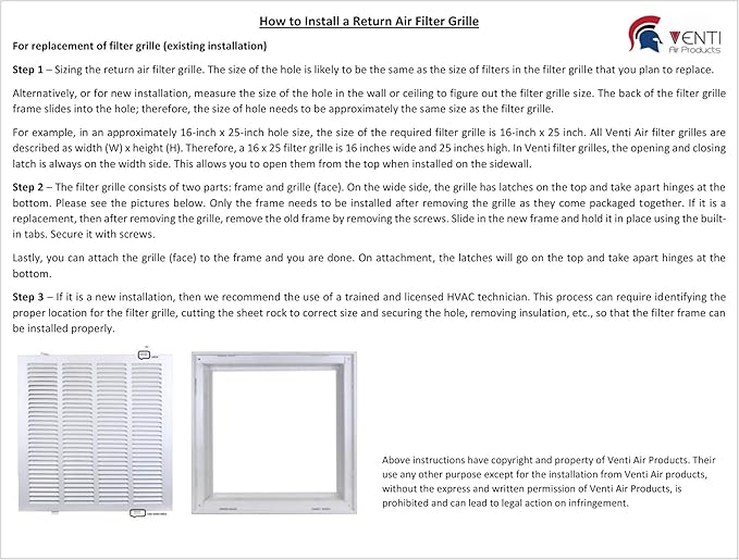 Venti Air 24" X 24" Steel Return Air Filter Grille - Removable Face/Door for 1 inch Filters - HVAC Duct Cover Grill (2-3 Business Day Delivery) [Outer Dimension: 26.5"W X 26.5" H]