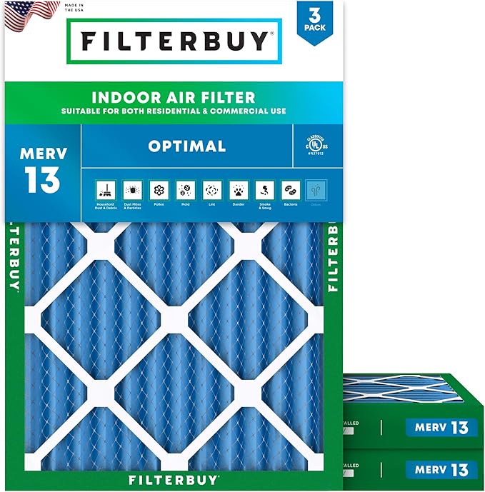 Filterbuy 24x30x2 Air Filter MERV 13 Optimal Smoke & Allergy Defense (3-Pack), Electrostatic Pleated HVAC AC Furnace Filters Replacement, Made in USA (Actual Size: 23.50 x 29.50 x 1.75)