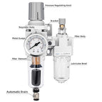 NANPU 1/4" NPT Auto-Drain Air Filter Regulator Lubricator Combo (FRL) Water/Oil Trap Separator - Gauge(0-150 psi), 5 Micron Brass Element, Poly Bowl, Metal Bracket