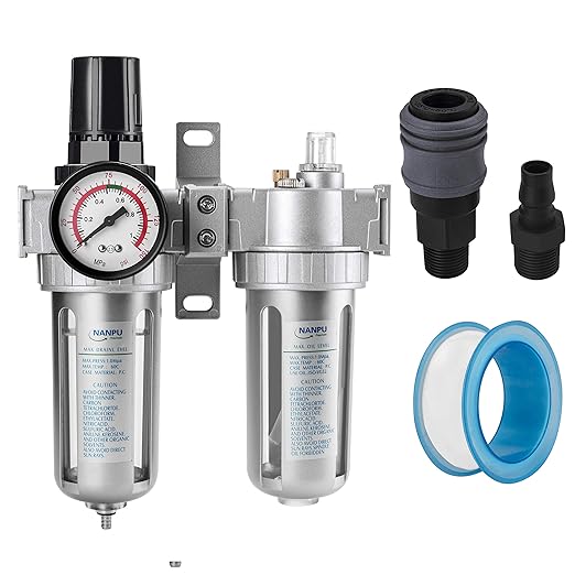 NANPU 1/2" NPT Air Filter Pressure Regulator Lubricator Dryer Gauge Kit Water/Oil Trap Separator 3 in 1 Twin Unit