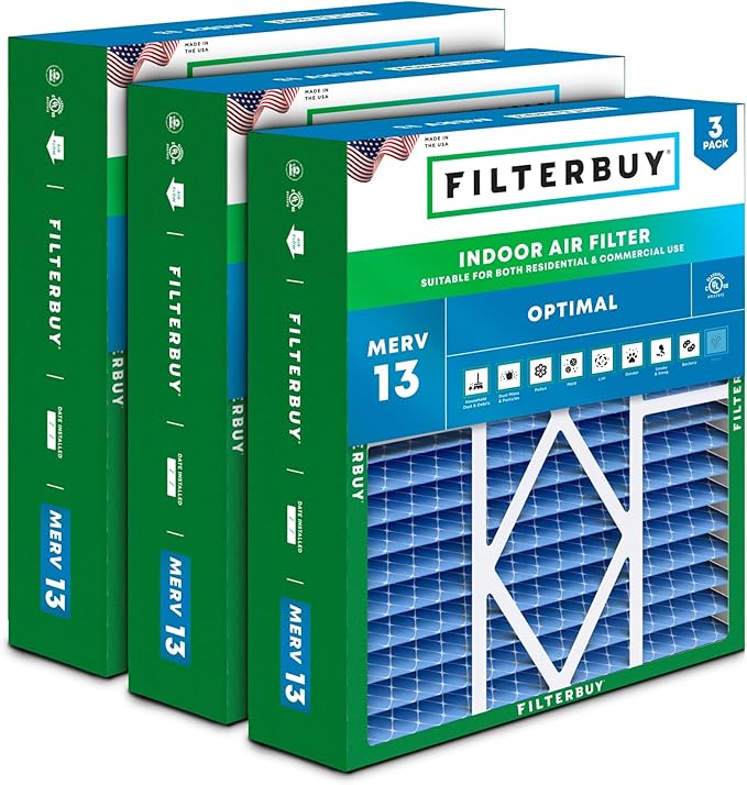 Filterbuy 20x25x5 Air Filter MERV 13 Optimal Smoke & Allergy Defense (3-Pack), Pleated HVAC AC Furnace Filters for Amana, Coleman, Goodman, Maytag, York, and More (Actual Size: 20.19 x 25.31 x 5.25)