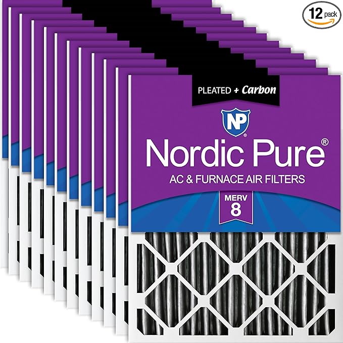 Nordic Pure 20x20x2 (19 1/2 x 19 1/2 x 1 3/4) Furnace Air Filters MERV 8 Pleated Plus Carbon 12 Pack