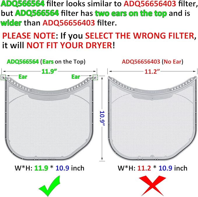 ADQ566564 Lint Filter Replacement for LG and Kenmore Dryers, Ultra Durable Lint Screen Trap, Rim without Felt Seal, Filter Size 11.9 * 10.9 inch (30.1 * 27.6 cm)
