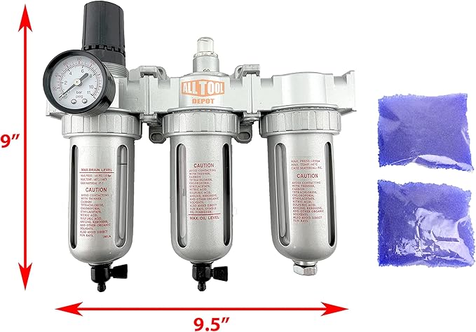 3/8" NPT Mid Flow Filter Regulator Coalescing Desiccant Dryer System For Compressed Air Lines, Poly Bowls, Great For Paint Spray And Plasma Cutter (MANUAL DRAIN)