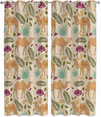 2 Panel Kitchen Cafe Curtains, Desert Camels Sunlight Filtering Nature Air Through, Home Decor Window Covering Tier Curtains for Living Room 80W x 84L inch Vintage Sand Animals Aloe Vera Leaves Beige