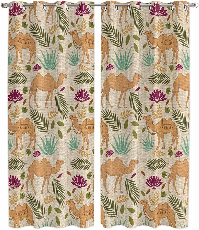 2 Panel Kitchen Cafe Curtains, Desert Camels Sunlight Filtering Nature Air Through, Home Decor Window Covering Tier Curtains for Living Room 80W x 84L inch Vintage Sand Animals Aloe Vera Leaves Beige